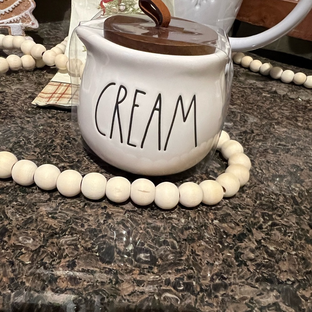 New with tags, Rae Dunn cream dispenser with wood, top and leather handle